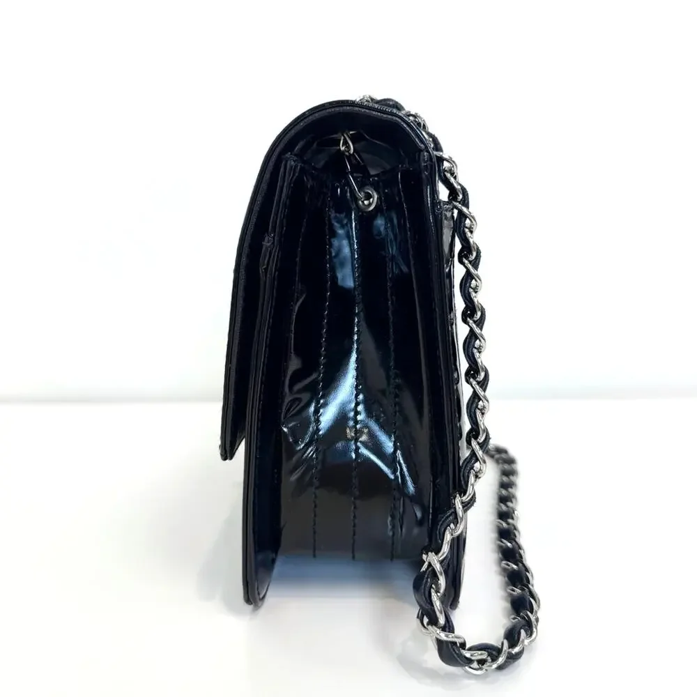 CHANEL Black Patent Quilted 2.55 Reissue Flap Shoulder Bag Silver Chain Leather